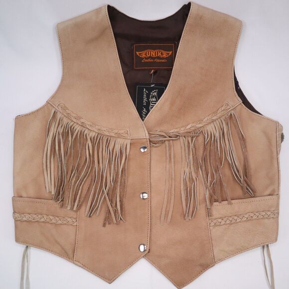 Unik Tan Leather Fringed Vest Size XXL Women's New Gauchos - Picture 1 of 16